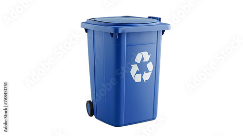 A blue trash can with a white recycling symbol on it
