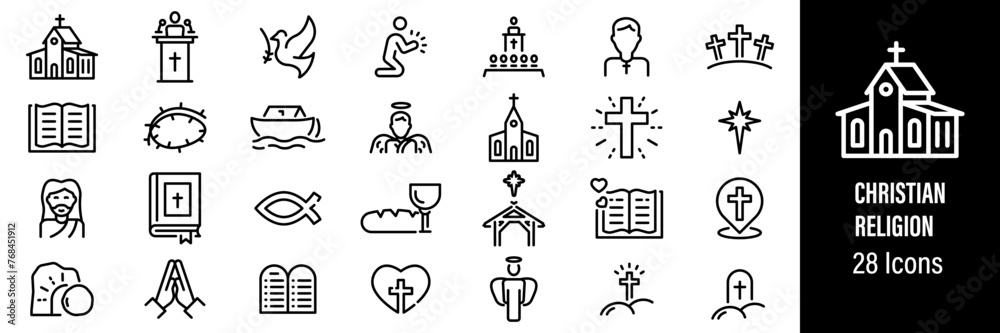 Christian Religion Web Icons. Jesus Christ, Holy Bible, Angel, Noah's Ark, Church. Vector in Line Style Icons