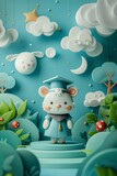 Cute pastel 3D graduation scene with animated animals in