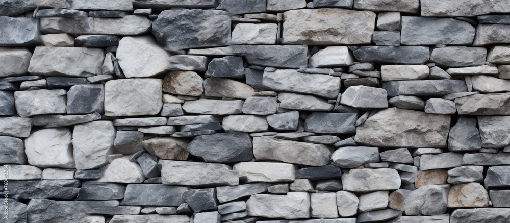 Fototapeta premium A detailed closeup of a rectangular stone wall built with a variety of rocks and cobblestones, showcasing a unique composite material pattern