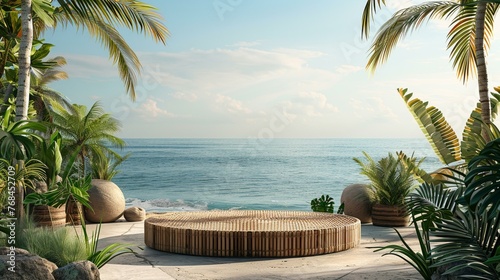 Bohemian Rattan Podium front view focus with a Tropical