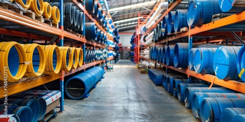 A warehouse with blue and yellow pipes stacked on shelves photo