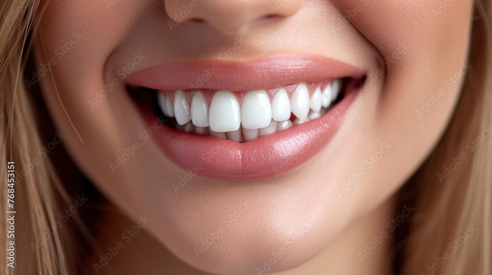 Beautiful Woman Smile With White Teeth. Concept of Teeth Whitening, Dental Health and Lip Care. - obrazy, fototapety, plakaty 