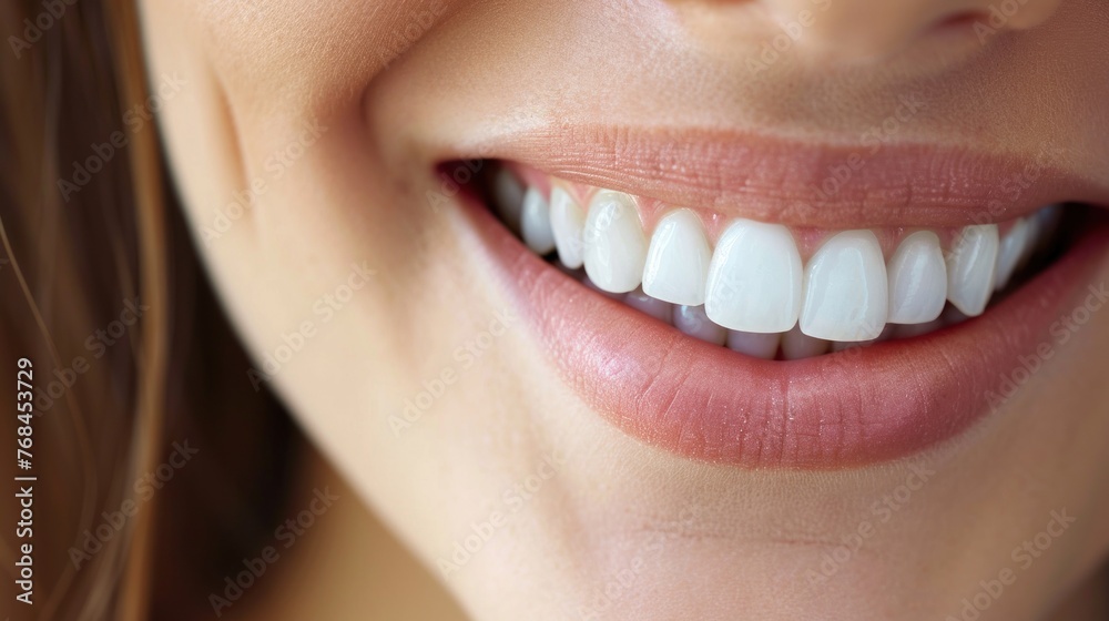 Obraz premium Beautiful Woman Smile With White Teeth. Concept of Teeth Whitening, Dental Health and Lip Care.