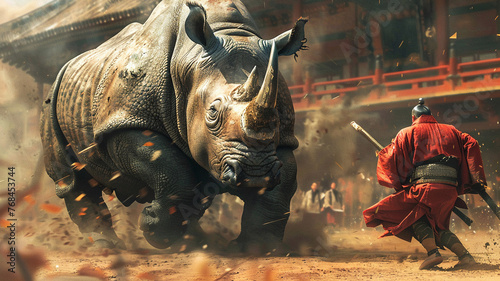 Charging Rhino Confronting a Samurai Warrior © INsprThDesign