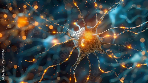 Explore microscopic world of neurons, synapses, dendrites, and electric potentials in action. Detailed view of functioning neurons through 3D animation. Science meets neurology. photo