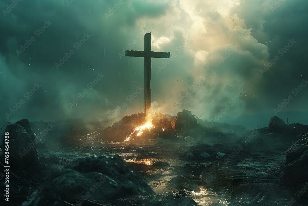 Fototapeta premium A religious mobile app loading screen, featuring the Golgotha hill cross as a symbol of patience and hope