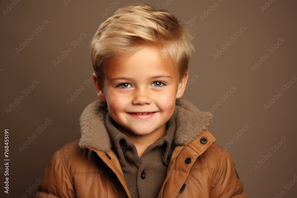 Portrait of a smiling little boy in a brown jacket. Studio shot. Portrait of a smiling little boy in a brown jacket. Studio shot.