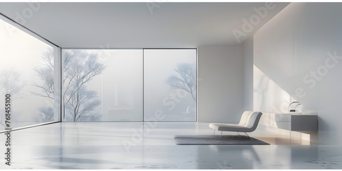 A simple high end villa white minimalist design with sleek white furniture, including a sofa and coffee table A large window allows natural light to flood the room a glass wall partition in background photo
