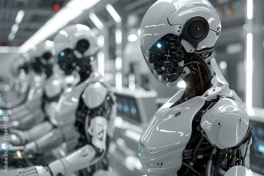 A meticulous robot performing the final checks on vehicles before they exit the assembly line A meticulous robot performing the final checks on vehicles before they exit the assembly line
