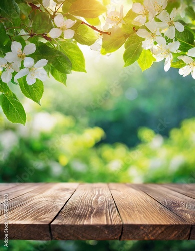 Spring beautiful background with green lush young foliage and flowering branches with an empty wooden table on nature outdoors in sunlight in garden., Ai Generate 