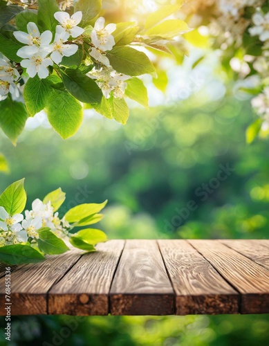 Spring beautiful background with green lush young foliage and flowering branches with an empty wooden table on nature outdoors in sunlight in garden., Ai Generate 