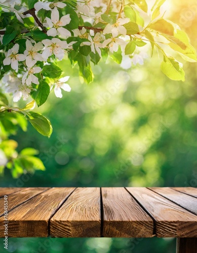 Spring beautiful background with green lush young foliage and flowering branches with an empty wooden table on nature outdoors in sunlight in garden., Ai Generate 