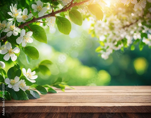 Spring beautiful background with green lush young foliage and flowering branches with an empty wooden table on nature outdoors in sunlight in garden., Ai Generate 