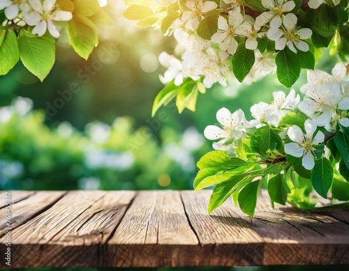 Spring beautiful background with green lush young foliage and flowering branches with an empty wooden table on nature outdoors in sunlight in garden., Ai Generate 