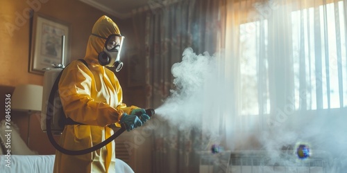 A man in a yellow suit spraying a room photo