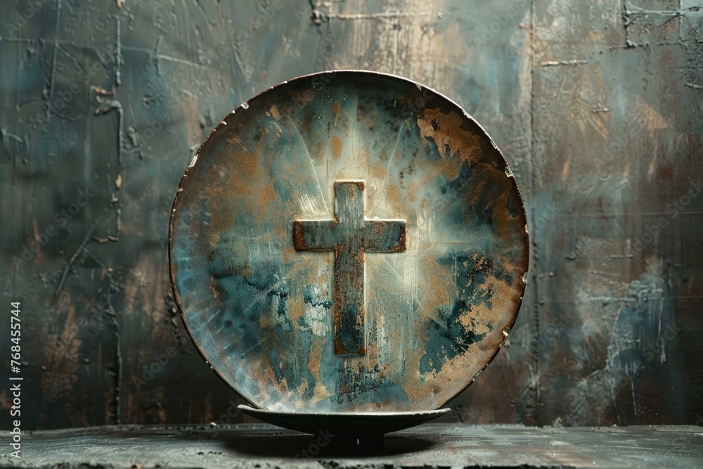 A decorative plate for religious households, with the Golgotha cross painted with light rays