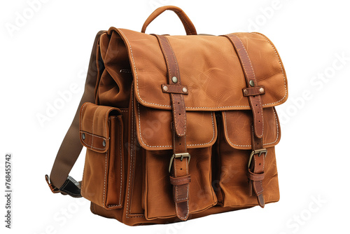 Leather brown school backpack isolated on transparent background. Back-to-school concept