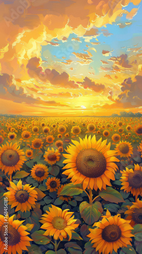 A fantastical digital artwork of a sunflower field under a whimsical, cloud-filled sunset sky