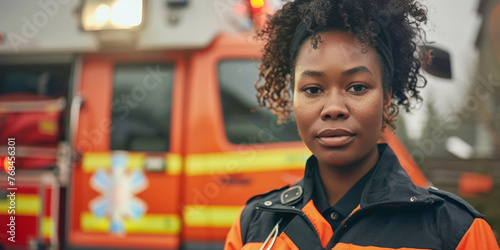 A woman wearing an orange and black uniform stands in front of a fire truck photo