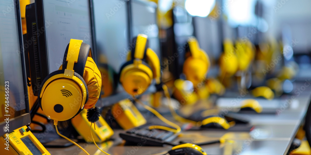 A row of computer monitors with yellow headphones on them
