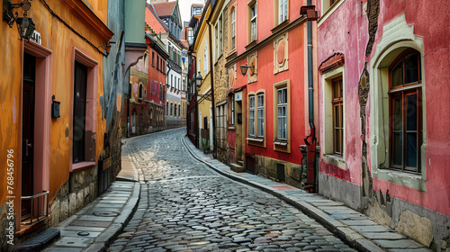 A picturesque view capturing the vibrant facades of traditional European buildings lining a quiet cobblestone alleyway photo