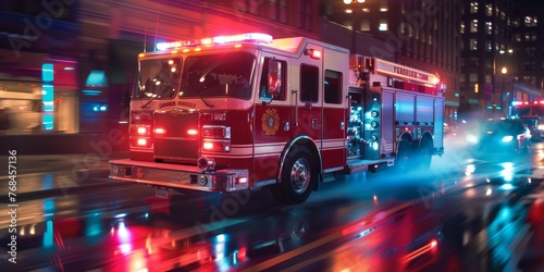 A fire truck is driving down a wet street at night