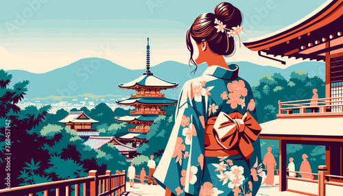 The concept of Kyoto in summer and the image of a woman in a yukata. Vector illustration. photo