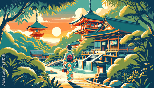 The concept of Kyoto in summer and the image of a woman in a yukata. Vector illustration.