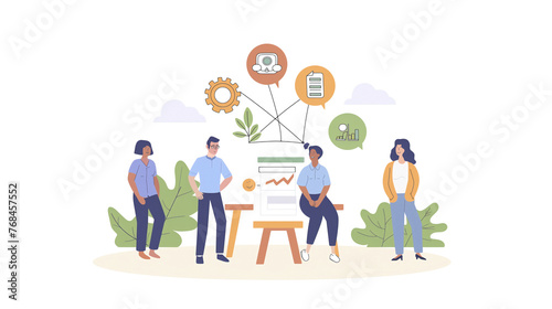 Team Communication: A vibrant illustration depicting the concept of social networking, with people holding signs symbolizing togetherness, happiness, and friendship in a digital community