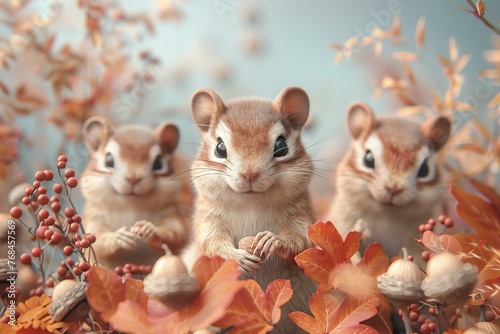 3D-rendered pastel chipmunks with acorns, suitable for fall festival promotions