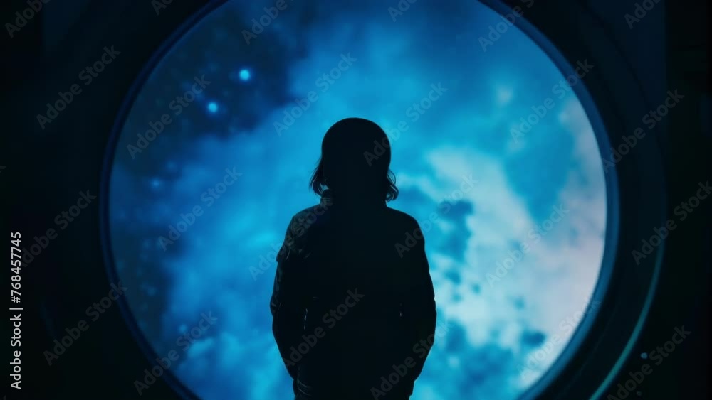 Silhouetted against a sea of ling stars a space explorer looks out of a spaceship window lost in the wonder of the tranquil and ethereal . AI generation. Silhouetted against a sea of ling stars a space explorer looks out of a spaceship window lost in the wonder of the tranquil and ethereal . AI generation.