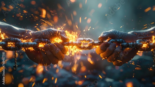 Breaking free, hands part a chain engulfed in flames, sparks highlight the power of freedom 3d illustration
