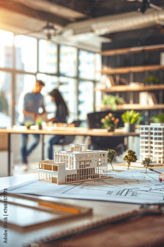 Naklejka premium Office collaboration between architects, with construction blueprints and a model building on their desk 3d illustration