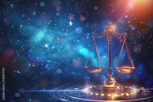 Libra scales balancing perfectly, harmony and justice in the zodiac circle 3d illustration