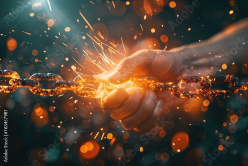 Sparks erupt as hands forcefully part a burning chain, a vivid symbol of breaking barriers 3d illustration