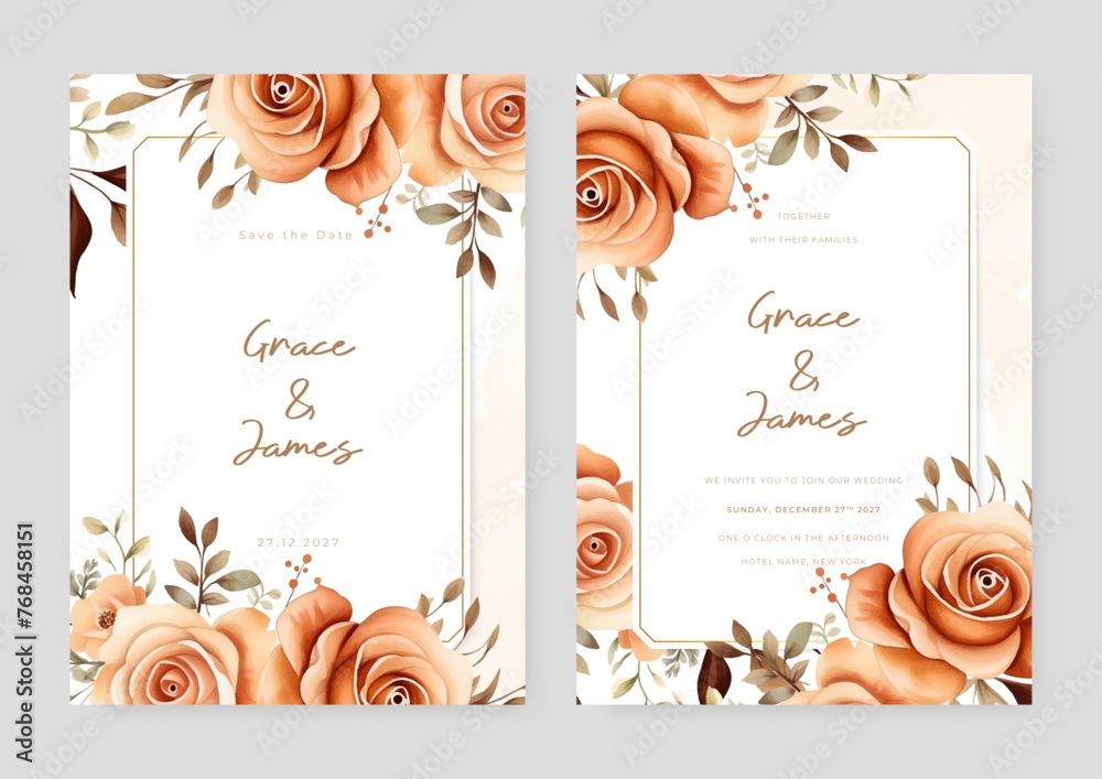 Fototapeta premium Peach rose wedding invitation card template with flower and floral watercolor texture vector