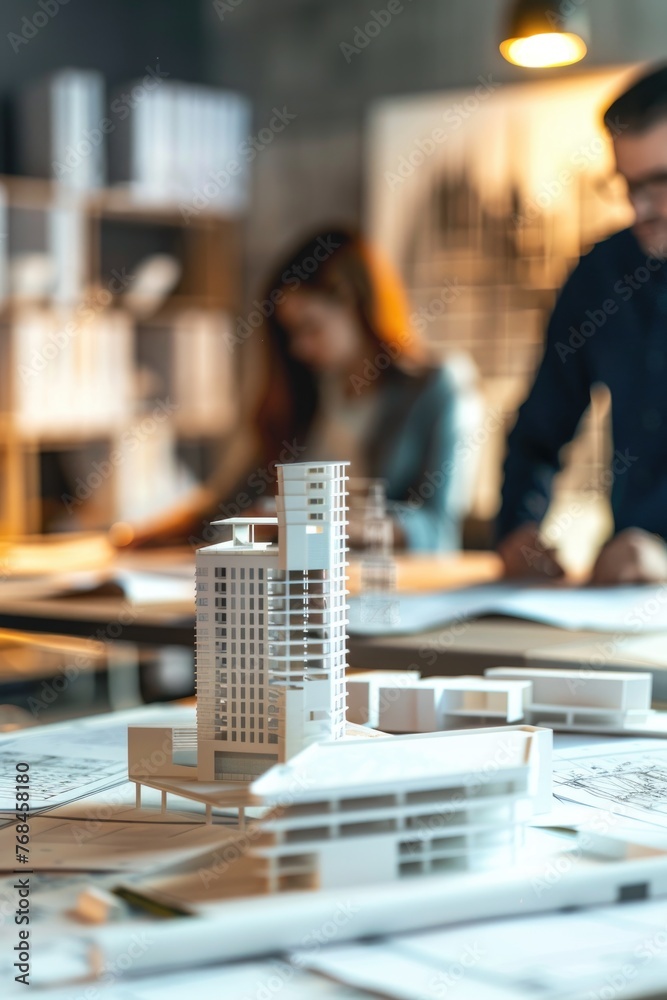 Architects at work in office, blueprints and a model building at the center of their design collaboration 3d illustration Architects at work in office, blueprints and a model building at the center of their design collaboration 3d illustration