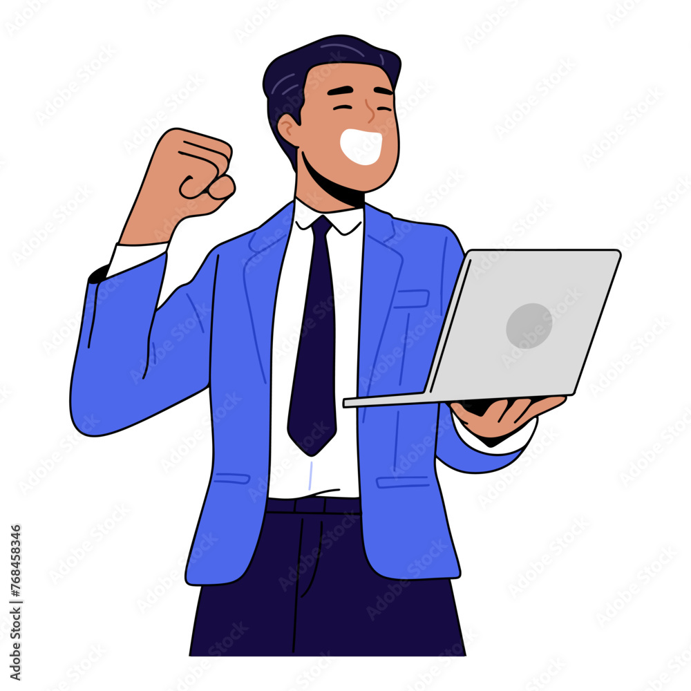 .illustration of a businessman celebrating success by raising his hands