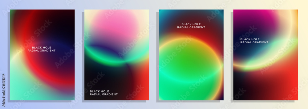 abstract colorful black hole radial grainy gradient cover poster background design set.