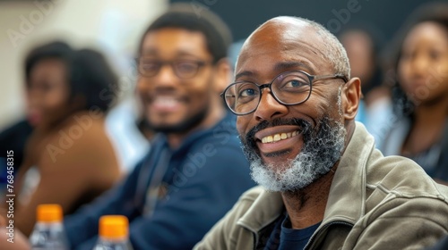 Confident African-American financial advisor,wearing glasses and a suit,is seen smiling and engaging with a diverse group of individuals in a corporate training session