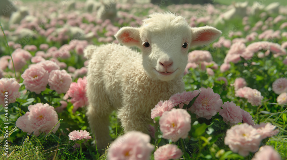 White goat in blooming flowers. White goat in blooming flowers.