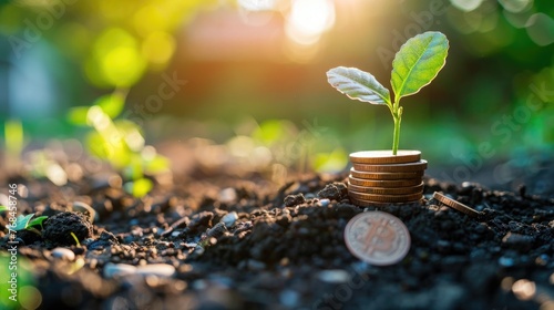 Concept of sustainable financial growth and investment A young plant sprouts from a pile of coins representing how careful financial planning and strategic investing