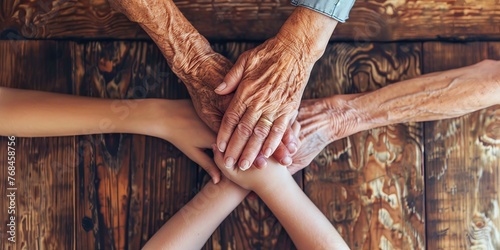 Grandparents and grandchildren hands stacked together on top of each other. photo