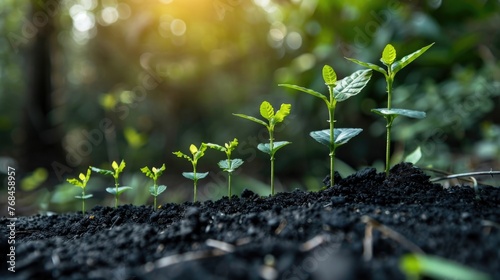Conceptual growth chart represented by a series of sprouting seedlings emerging from the soil The image symbolizes the process of growth,development,and successful capital photo