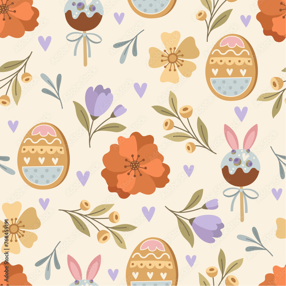 Seamless pattern with Easter sweets and flowers. - obrazy, fototapety, plakaty 