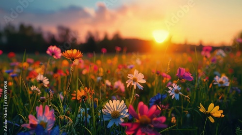  In the dying light of day, a meadow is bathed in the warm glow of sunset, creating a scene of breathtaking beauty. 