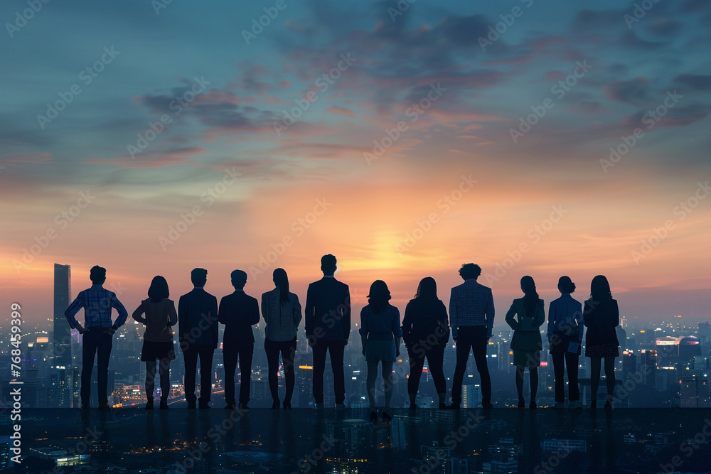 A team of professionals from different sectors standing shoulder to shoulder, overlooking a cityscape at dawn, symbolizing a united front in community development and innovation.