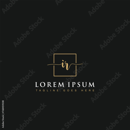 Luxurious minimalist elegant handwritten Initials letters IR linked inside square line box vector logo designs inspirations in gold colors for company, hotel, boutique, jewelry, restaurant or branding