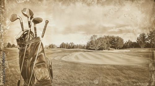 vintage style, golf clubs, golf bag, sepia tone, antique look, leather bag, golf course, nostalgia, sports equipment, metal woods, irons, putter, golf grips, retro, textured background
